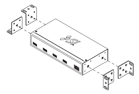 Exploded diagram showing two Universal Rack Ears aligning to both sides of Kratos hub for rack mounting