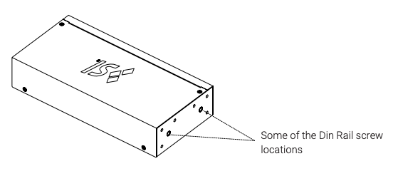 Diagram of Kratos unit with callouts indicating Din Rail screw hole locations on the end panel