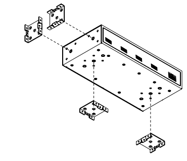 Exploded diagram showing four Universal Rack Ear brackets aligning to mounting holes on Kratos enclosure