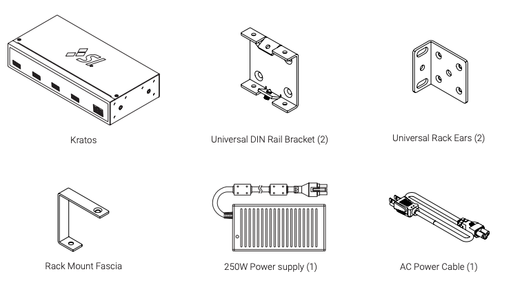 Exploded parts diagram showing Kratos hub, two Universal DIN Rail Brackets, two Universal Rack Ears, Rack Mount Fascia, 250W power supply, and AC power cable