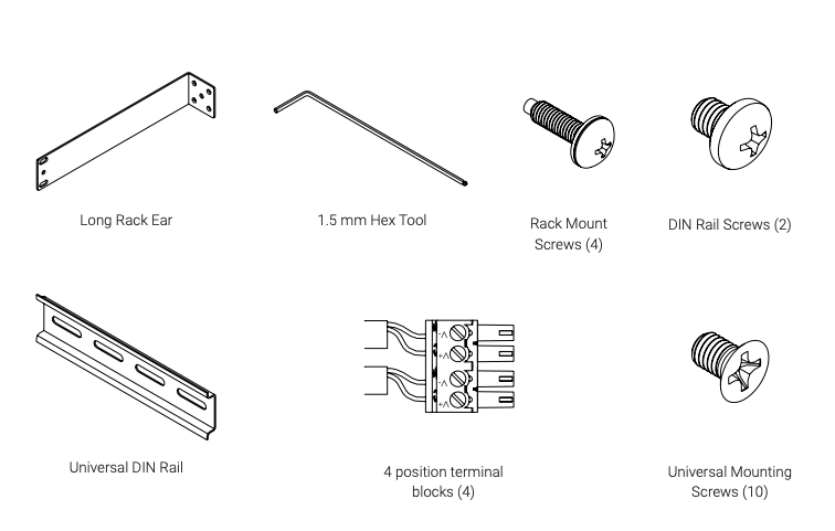 Exploded parts diagram showing Kratos accessories: long rack ear, 1.5mm hex tool, rack mount screws, DIN rail screws, universal DIN rail, four-position terminal blocks, and universal mounting screws