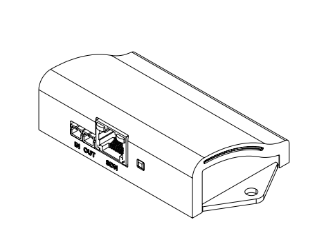 Line drawing of Somfy C4 Zigbee device showing IN, OUT, and RJ45 ports on rear panel