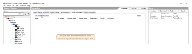 Composer Pro Zigbee Configuration tab showing no Zigbee Mesh information found message