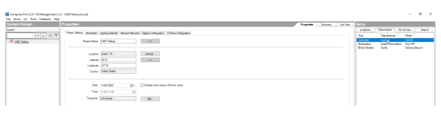Composer Pro project settings panel showing C4H Testing project in Austin, TX location fields