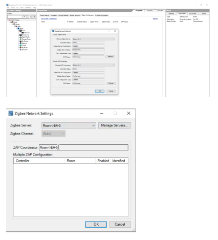 Zigbee Network Settings dialog showing ZAP Coordinator field with Room-EA-5 entry