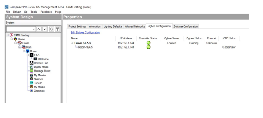 Composer Pro Zigbee Configuration tab showing Router-EA-5 with Running status and Coordinator ZAP role