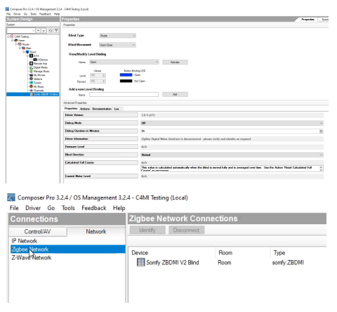 Composer Pro Zigbee Network Connections panel showing Somfy ZBDMI V2 Blind paired in Room