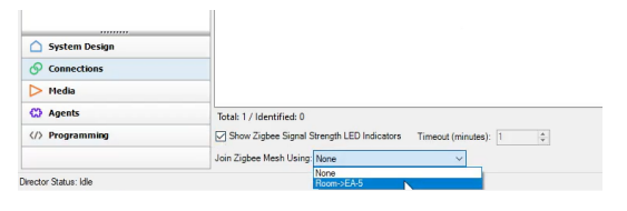 Control4 Composer Pro Connections panel showing Join Zigbee Mesh dropdown with Room-SEA-5 option highlighted