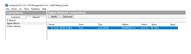 Composer Pro Zigbee Network Connections panel showing Somfy ZBDMI V2 Blind device online with address and version details