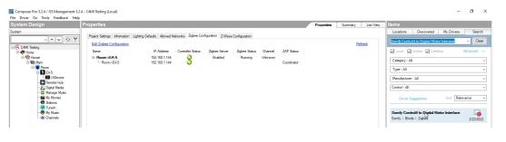 Composer Pro software showing Zigbee server enabled and running with coordinator status confirmed