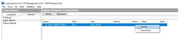 Composer Pro Zigbee Network Connections panel showing Somfy ZBDMI V2 Blind device with Identify option highlighted in right-click menu