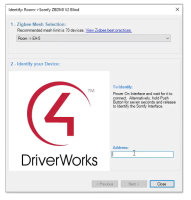 DriverWorks Composer dialog showing Identify Room Somfy ZBDMI V2 Blind with Zigbee mesh selection and device address field