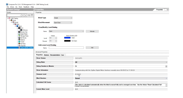 Composer Pro software showing Somfy blind driver properties, level bindings, and advanced settings panel