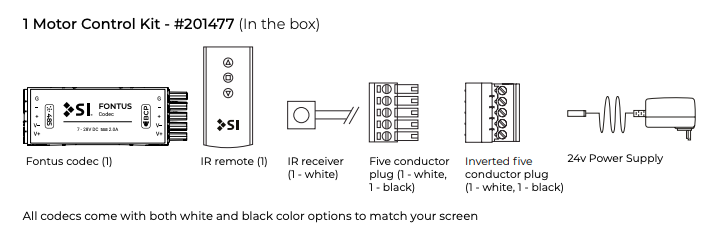Motor Control Kit #201477 contents: Fontus codec, IR remote, IR receiver, five conductor plugs, and 24v power supply