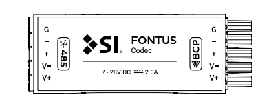 SI Fontus Codec unit showing labeled terminals for G, 485, V-, V+ and BCP connections with 7-28V DC power input
