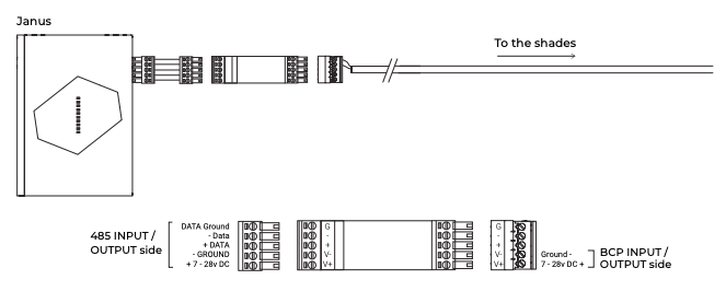 Janus connected to Fontus units via jumpers with 485 and BCP input/output terminal wiring diagram