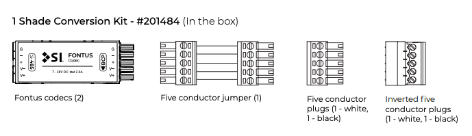 1 Shade Conversion Kit #201484 box contents: two Fontus codecs, one five-conductor jumper, and four connector plugs