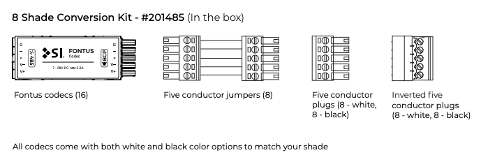 8 Shade Conversion Kit #201485 components: Fontus codec, five conductor jumpers, plugs, and inverted plugs