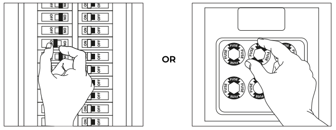 Hand flipping a circuit breaker off at a service panel, or hand removing a fuse from a fuse box