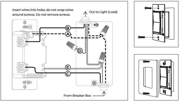 Wiring diagram showing labeled wire connections A through E from breaker box to light load on Zigbee In-Wall Smart Switch, with mounting illustrations