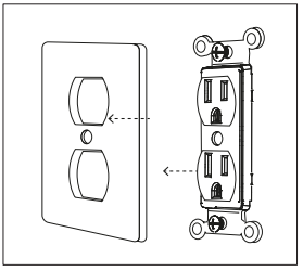 Zigbee smart outlet module beside wall plate cover, with dashed lines showing assembly alignment