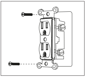 Two screws being removed from a standard duplex wall outlet before pulling it from the wall box