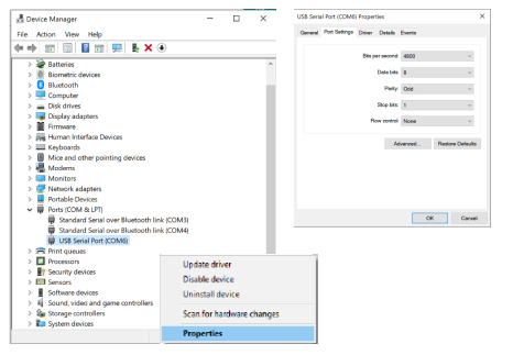 Windows Device Manager showing USB Serial Port selected with Properties context menu, alongside Port Settings dialog configured to 4800 baud, 8 data bits, Odd parity, 1 stop bit, No flow control