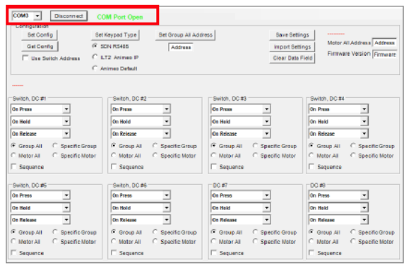 SDN Keypad Setup software with COM3 connected and COM Port Open status highlighted in red