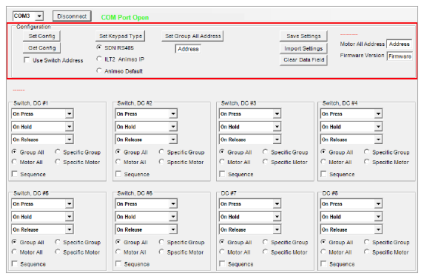 SDN Keypad Setup Software interface showing COM port connection and switch configuration grid