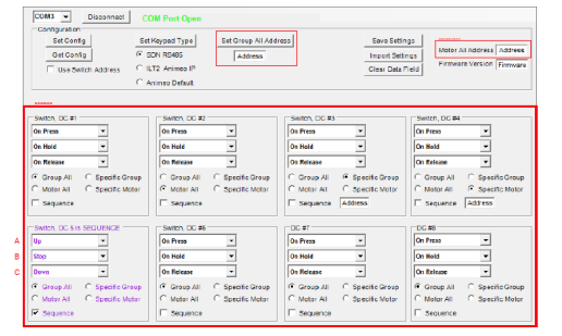 Button programming interface showing dropdown menus and radio button selections