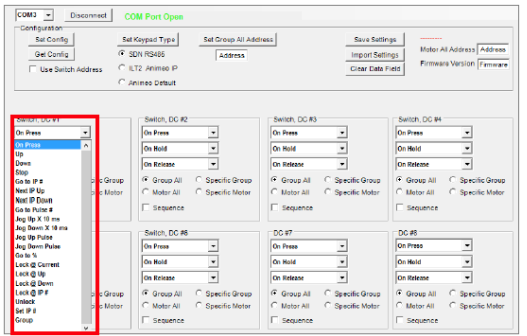Command options dropdown menu showing available functions