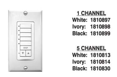 Somfy DecoFlex WireFree RTS keypad with 1-channel and 5-channel model numbers for white, ivory, and black finishes