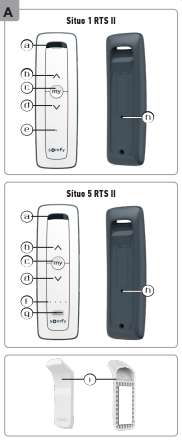 Situo 1 RTS II and Situo 5 RTS II remotes with labeled buttons and wall mount bracket components