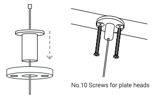 Diagram showing cable threaded through top plate assembly and secured to ceiling with No.10 screws