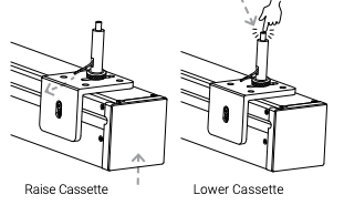 Two-panel diagram showing how to raise and lower the Solo 3 cassette onto ceiling-mounted brackets