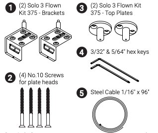 Solo 3 Flown Kit 375 parts diagram showing brackets, screws, top plates, hex keys, and steel cable