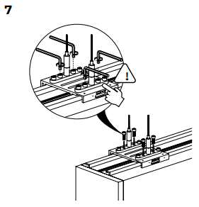 Step 7 diagram showing finger pressing bracket component onto ceiling-mounted track rail