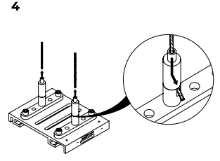 Step 4 diagram showing two Solo 3 flown kit brackets with hanging cables inserted into ceiling mount points, with closeup detail of cable attachment mechanism.