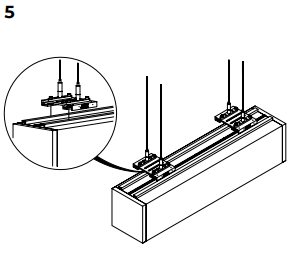 Step 5 diagram showing suspension wires inserting into Solo 3 flown kit brackets mounted on cassette ends