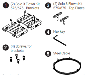 Solo 3 Flown Kit 575/675 parts: two brackets, four screws, two top plates, hex key, and steel cable