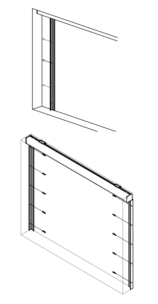 Two isometric diagrams showing Nano Box side channel extrusion separated from and mounted to window frame