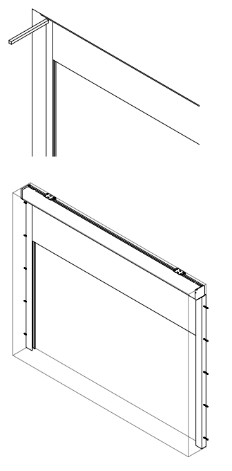 Two-part diagram showing Nano Box shade side channel installation: top detail view of channel at wall corner, bottom isometric view of full frame with channels secured to window opening.