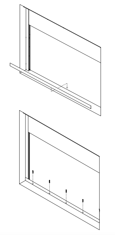 Two-part diagram showing Nano Box sill channel positioned below frame, then screws securing channel to wall with dotted lines indicating fastener placement