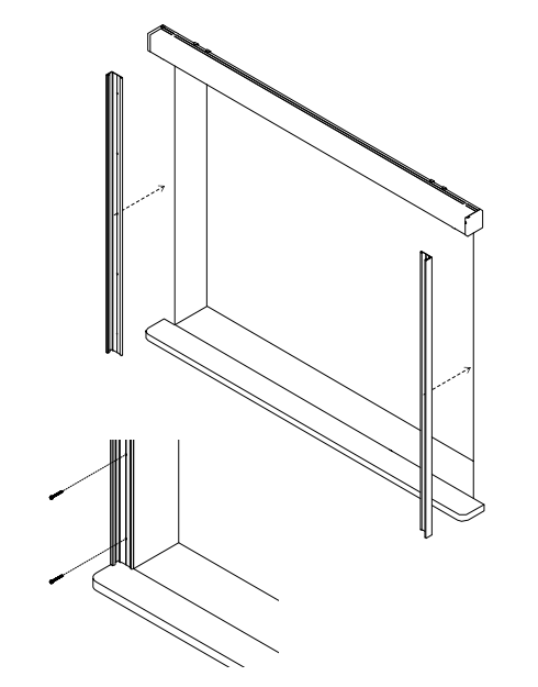 Nano side channels sliding into position on left and right of assembled frame with sill channel at bottom, plus detail of screw placement at corner joint
