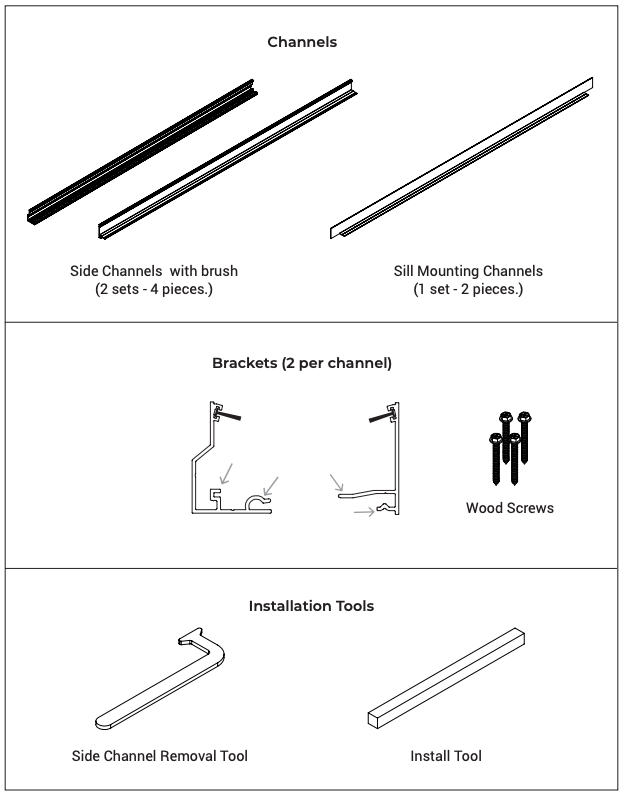 Nano parts diagram showing side channels with brush, sill mounting channels, mounting brackets, wood screws, side channel removal tool, and install tool