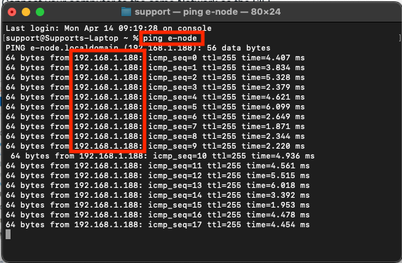 Terminal window showing ping e-node command with successful replies from 192.168.1.188, IP address highlighted in red box