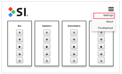 SIFI web interface showing ALL, Upstairs, and Downstairs shade groups with Settings menu open