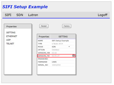 SIFI Setup Example web interface showing VERSION_FW field highlighted in properties settings panel