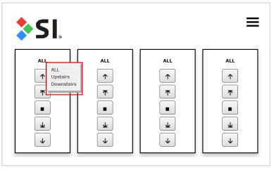 SIFI app interface showing ALL zone dropdown menu expanded with Upstairs and Downstairs group options