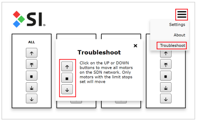 SI SIFI app Troubleshoot menu open showing UP and DOWN motor control buttons